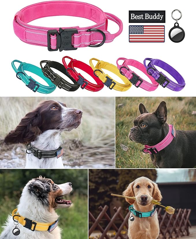 AUBELL Reflective Tactical Dog Collar,Adjustable Military Heavy Duty K9 Collars with Handle and Quick Release Metal Buckle Great for Extra Large Dogs, with Airtag Case and 2 Patches (Pink,XL)
