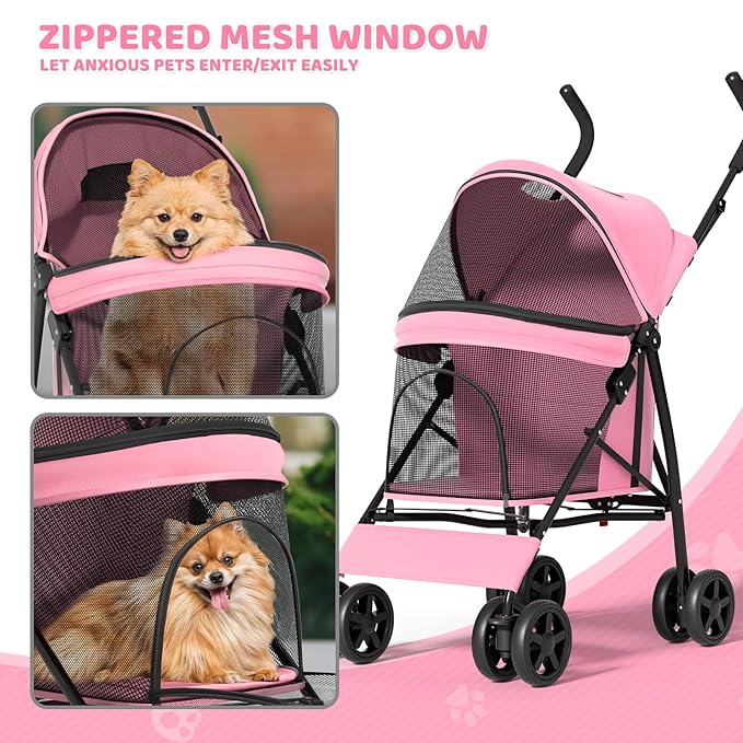 Magshion Compact Pet Stroller for Small-Medium Dogs/Cats up to 22lbs, 4-Wheel Lightweight Umbrella Shaped Portable Puppy Travel Jogger with Breathable Mesh & Rear Storage, Pink