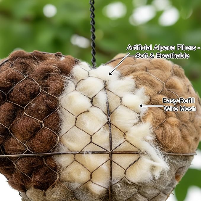 Handmade Alpaca Fiber Bird Nesting Heart - Weather Resistant Wild Bird Nesting Material Holder with Refillable Soft Fibers and Hanging Chain for Hummingbirds, Finches & Wrens (7.1*7.1*2.8in)