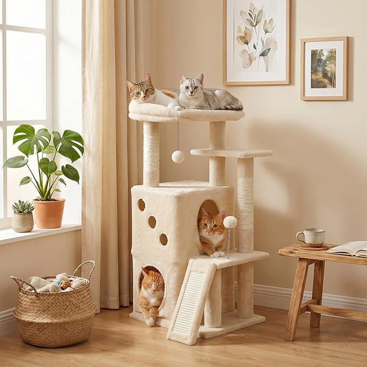 PETEPELA Cat Tree for Indoor Cats, 34.6" Small Cat Tower with Scratching Posts, 2 Condos, Scratching Ramp & Dangling Toys, Cat Play House for Multi-Cat Households, Beige