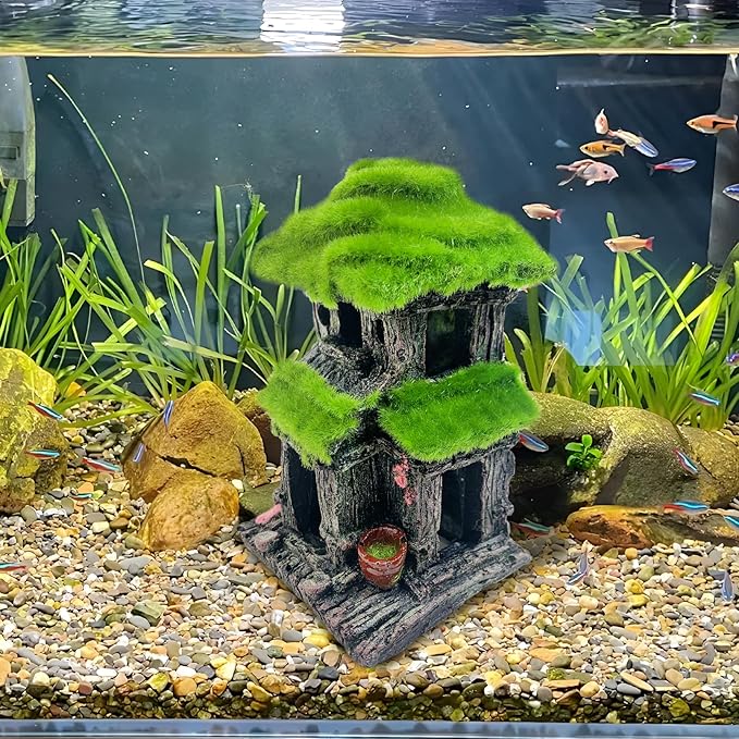 Hamiledyi Fish Hideout House for Aquarium Decorations, Betta Cave with Lifelike Moss, Come with 2 PCS Artificial Plants, Fish Tank Decoration for Shrimp Fish Shelter
