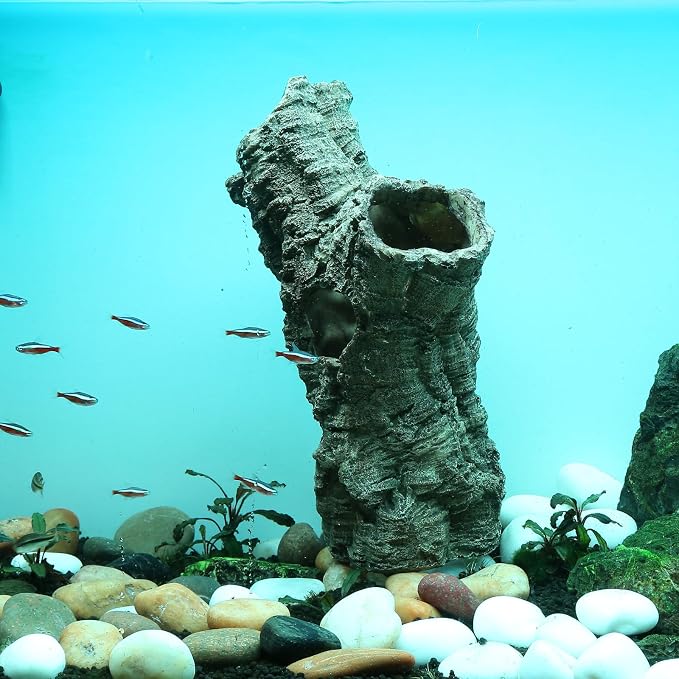 Reptile Hides Cave, Fish Tank Decor Tree Trunk Reptile Aquarium Decorations | 12’’ Large Aquarium Decor, Bark Texture Resin Ornament for Reptile Fish Tank 10+ Gal, Hideout for Fish Lizard Leopard Gecko