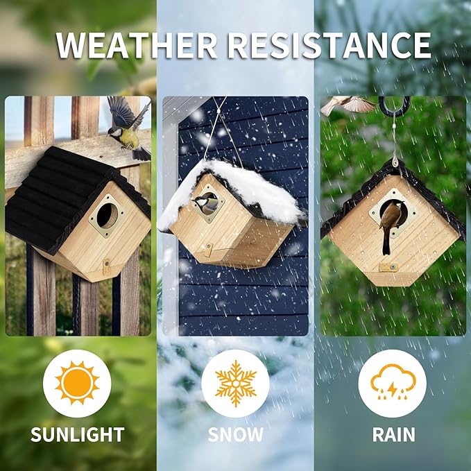 NATUREYLWL Bird House for Outside, Outdoor Bird Houses for Bluebirds, Finches & Cardinals, Wooden Birdhouse with Easy Clean Design, Hanging Birds Nest Box for Garden Decoration (8.6 x 5.9 x 7 Inch)
