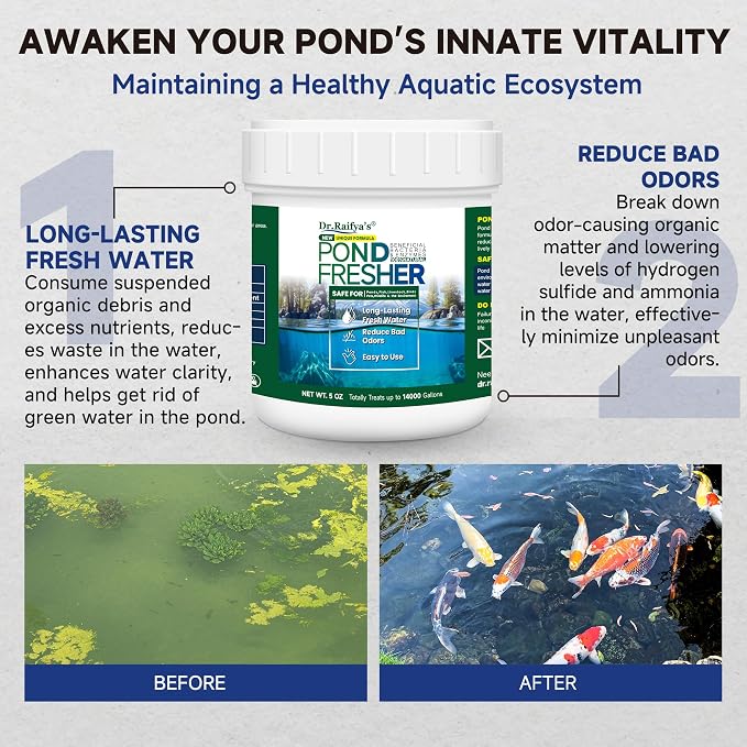 Dr.Raifya's Pond Fresher-Water Clear & Odor Control for Pond & Fountain-5OZ | Natural Enhanced Cleaning Power, Beneficial Bacteria & Enzymes, Improves Water Clarity, Safe for Fish, Birds, Pets & Wildlife