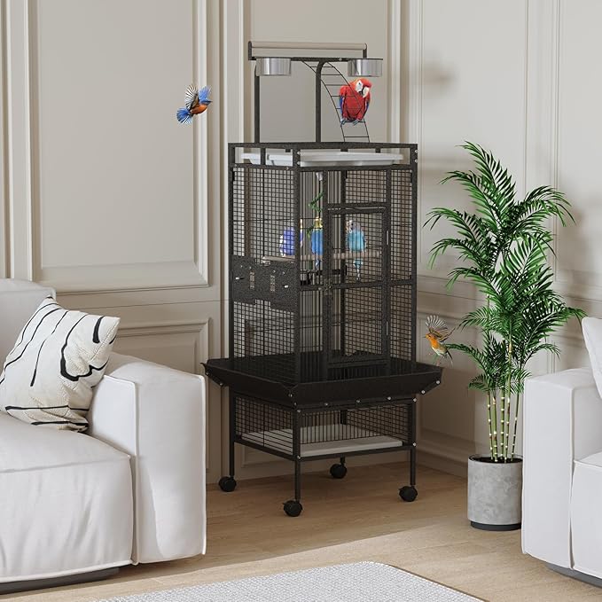 60 Inch Large Bird Cage - Wrought Iron Bird Cage with Rolling Stand, Play Top, 4 Stainless Steel Bowls, Slide-Out Tray, Metal Parrot Cage for Cockatiel, Conure, Budgie, Lovebird - Black