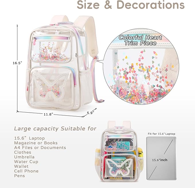 Clear Backpack for School,Large Bookbag Heavy Duty See Through Butterfly Backpacks for Girls Stadium Approved Daypack Transparent Shoulder Bags for Students,Teens,Women,Work,Travel,Concert Off White