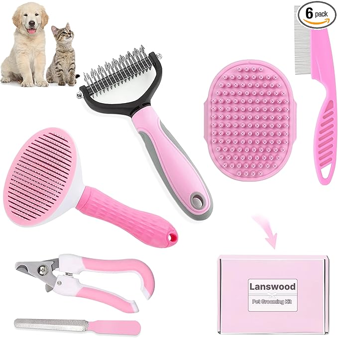 Dog Brush Grooming Kit 6PCS Dog Brush for Shedding-Dogs Brushes for Grooming, Dematting Comb for Dogs, Nail Clipper with Nail File, Flea Comb, Cat Bath Brush-Pink