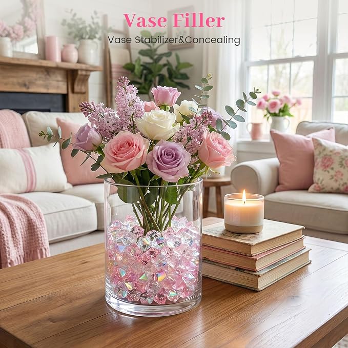 DOMESTAR 150 PCS Iridescent Fake Ice Rocks, Pink and Clear Acrylic Crystals | Plastic Gems for Vases Fillers, Table Scatter, Tables Centerpieces, Wedding Centerpieces, Fish Tank Craft Supplies