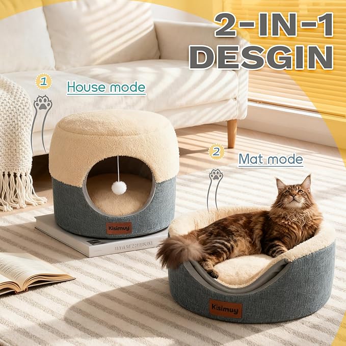 Cat Cave Bed, 2-in-1 Cat House & Lounge with Reversible Plush Cushion, Calming Anti-Anxiety Round Design for Indoor Cats, Kittens, Small Dogs & Puppies, Foldable Round Hideaway, 17.5 Inches