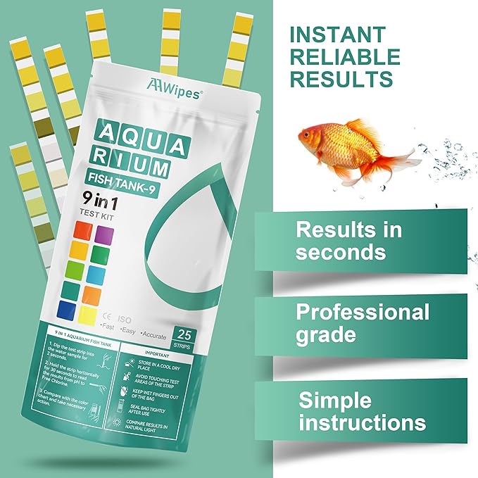 AAwipes Fish Tank Marine Water Test Strips 9-in-1 |25 Strips | Freshwater, Saltwater & Reef Tanks Quick & Accurate Test pH, Carbonate, Copper, Alkalinity, Hardness, Chlorine, Nitrate, Nitrite, etc