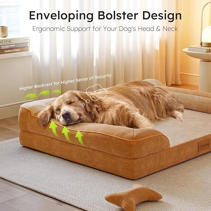 CWAWZ Jumbo Dog Bed for Extra Large Dogs, Orthopedic Dog Bed with Cooling Gel Memory Foam, Waterproof Pet Bed with Removable Washable Cover, 45" Pet Sofa Couch Dutch Velvet with Bone Toy, Brown