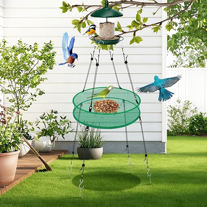 2Pcs Bird Seed Catcher Tray for Hanging Bird Feeder Platform, 20'' Birdfeeder Trays with Wind Rope and Stakes, Birdseed Hoop for Hummingbird Feeders Bee Feeder Outdoor Garden Accessories