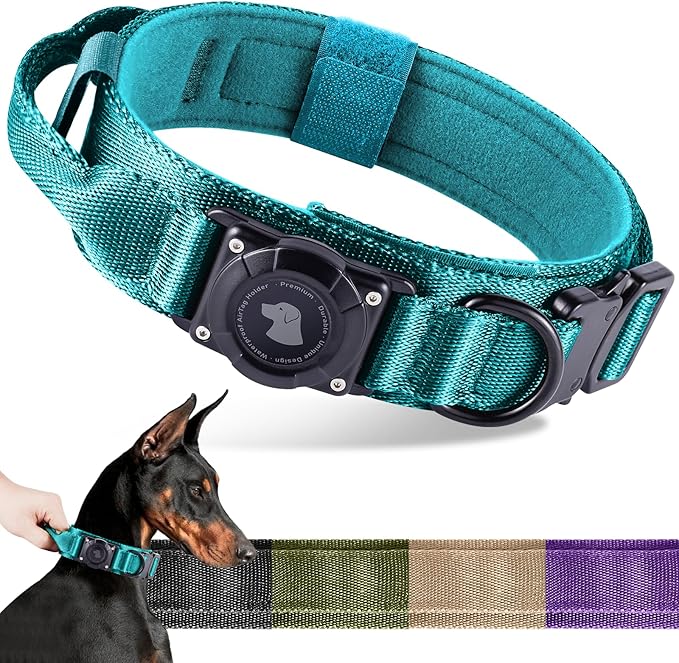 2026 Upgrade Waterproof AirTag Dog Collar, Military Tactical Dog Collar with AirTag Holder, Comfortable Control Handle and Metal Buckle, GPS Dog Collar Holder for Medium to Large Dogs (Blue, XL)