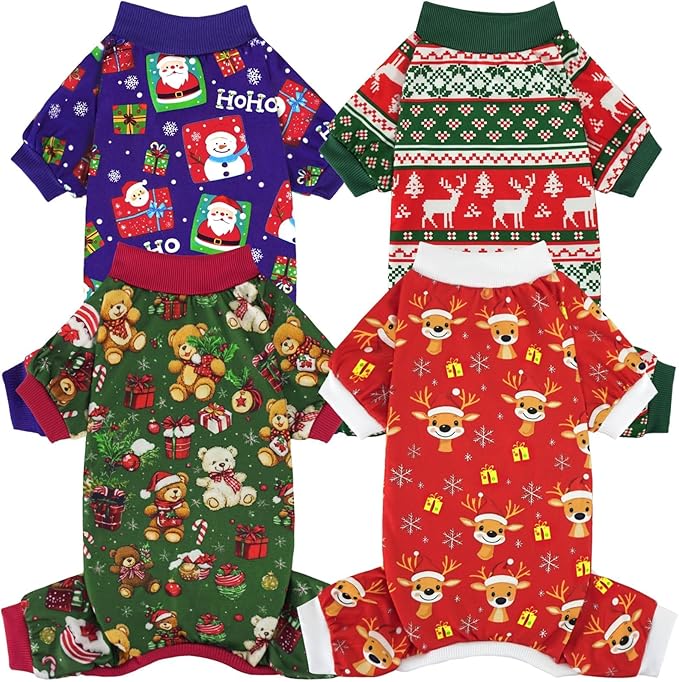Xpudac 4 Pack Dog Christmas Pajamas Reindeer Puppy Clothes Cute Santa Claus Dog Pajamas Costumes Outfit Red Green, 3XL
