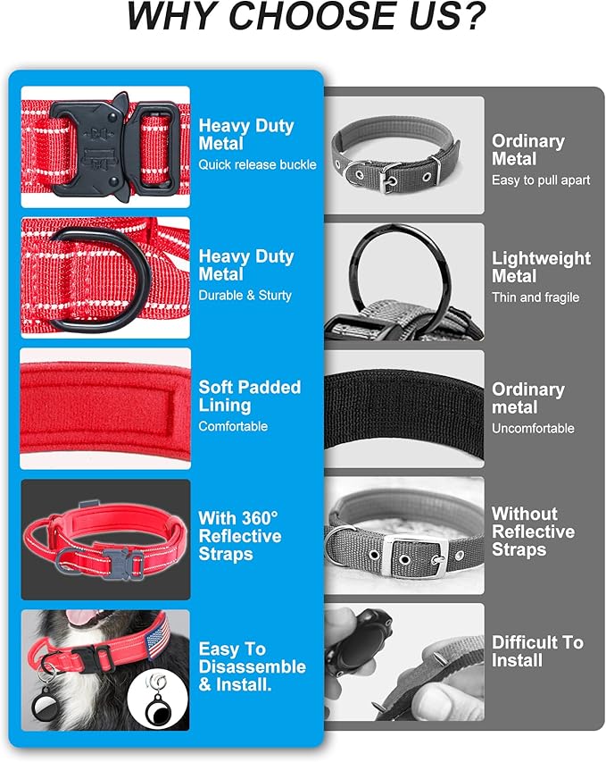 AUBELL Reflective Tactical Dog Collar,Adjustable Military Heavy Duty K9 Collars with Handle and Quick Release Metal Buckle Great for Large Dogs, with Airtag Case and 2 Patches (Red,L)