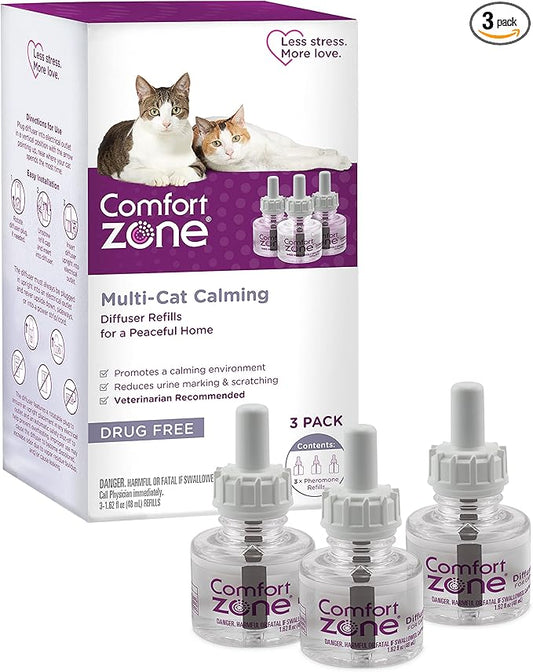 COMFORT ZONE Multi Cat Calming Diffuser Refill, 3 Pack – Cat Calming Pheromone Refills Help Reduce Anxiety, Stress, Scratching, Urine Marking, Multi-Cat Aggression, (30-Day Refills, 90-Day Supply)