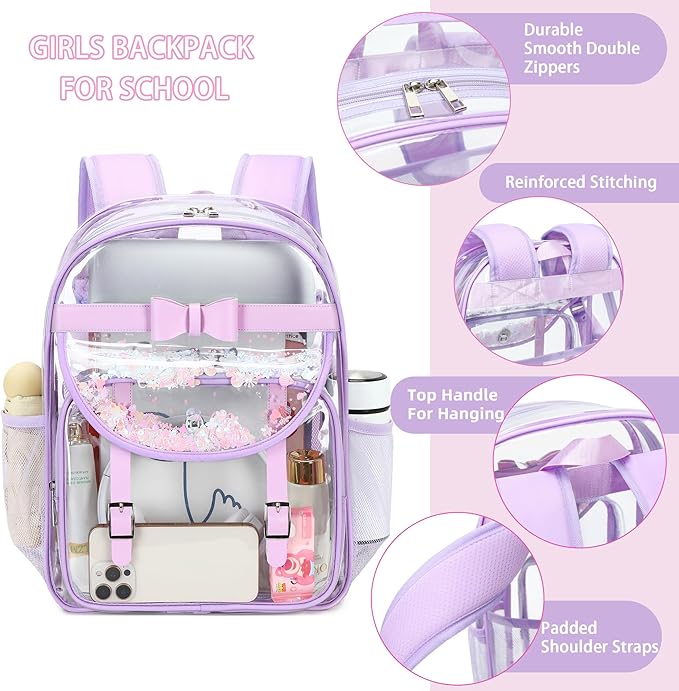 Clear Backpack for School,Heavy Duty PVC Transparent Bookbag for Girls Women Stadium Approved See Through Backpacks Kids Elementary Laptop Bags for Teens,Sports,Students,Work,Travel Purple