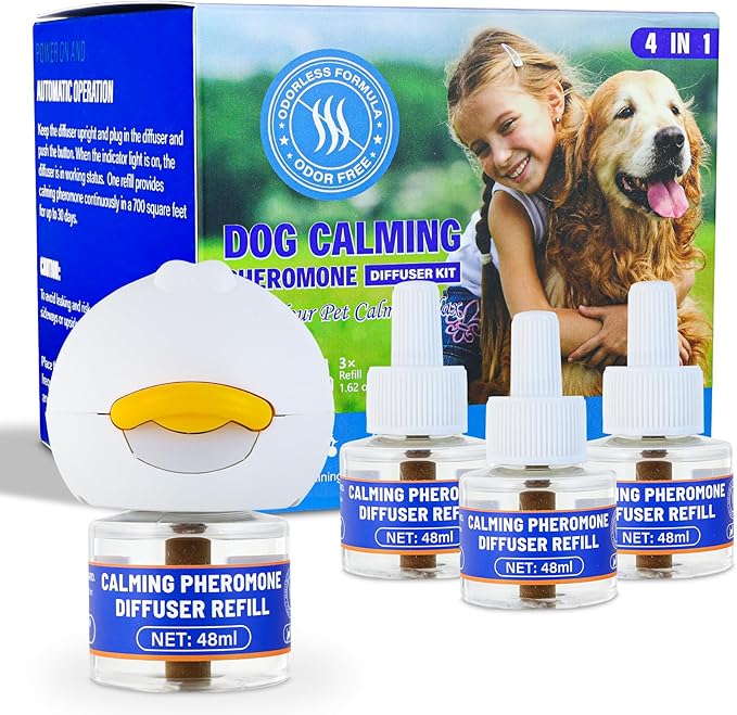 Dog Calming Diffuser Starter Kit with 3 Refills, Dog Pheromones Calming Diffuser Helps Reduce Scratching, Peeing, Meowing & Aggression, Plug-in Anxiety Relief for Calm Dogs of All Ages