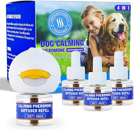 Dog Calming Diffuser Starter Kit with 3 Refills, Dog Pheromones Calming Diffuser Helps Reduce Scratching, Peeing, Meowing & Aggression, Plug-in Anxiety Relief for Calm Dogs of All Ages