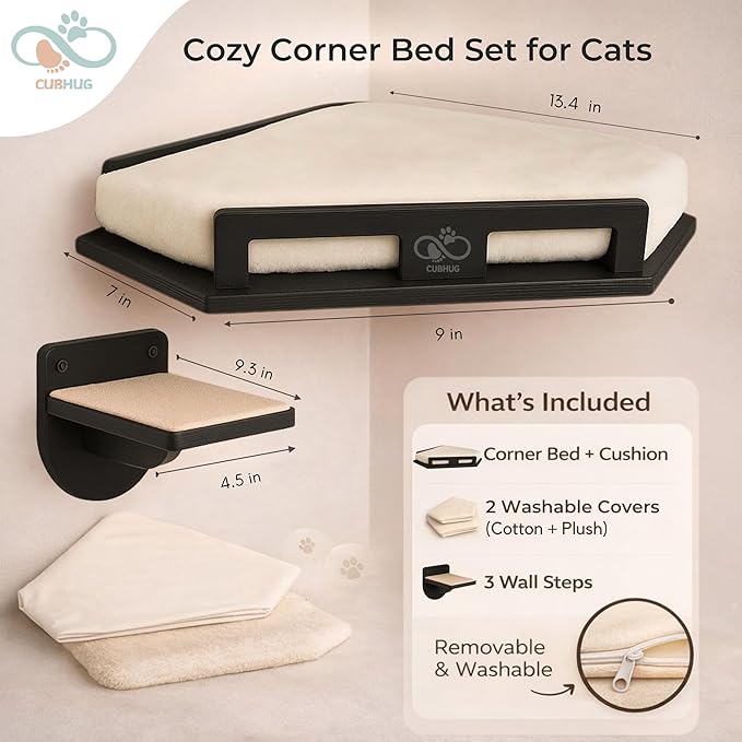 Cat Wall Shelves for Cats & Kitten up to 25 lb – Solid Wood Cozy Corner Bed + Cushion with 2 Washable Covers + 3 Wooden Steps, Safe Haven for Indoor Cats, Cat Shelves for Wall, Black
