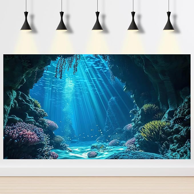 Under The Sea Aquarium Background Underwater Grotto with Soft Corals Reefs Fish Tank Background Blue Ocean Tropical Cave Sunlight Rays Deep Sea Fish Tank Backgrounds Aquarium Wallpaper 72x24in