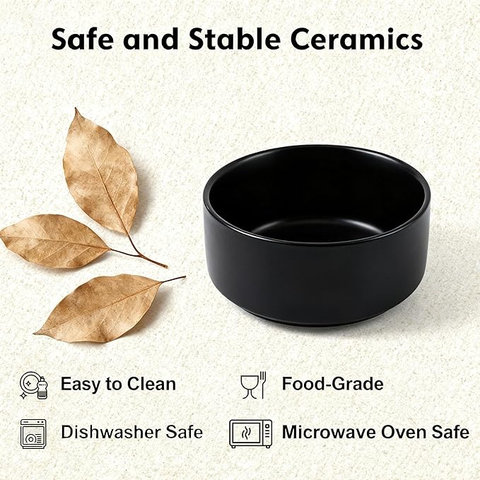 Elevated/Raised Ceramic Dog Bowl with Bamboo Stand,8 inch 7.6 Cups Non-Slip Heavy-Weighted Single Pet Dish, Reduces Neck Strain Black