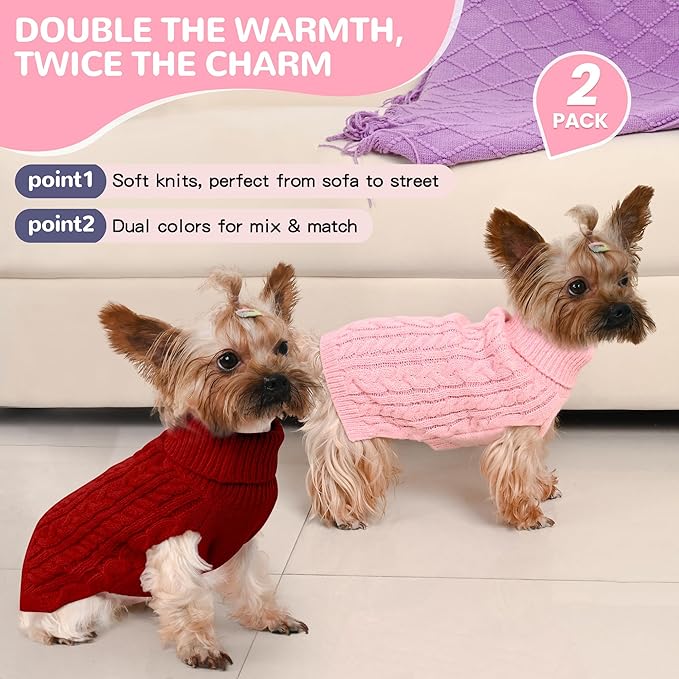 2 Pack Dog Sweaters for Small Dogs Winter Turtleneck Pullover Cable Knit Fleece Stretch Puppy Doggie Chihuahua Toy Poodle Yorkie Pomeranian Boy Girl Pet Clothes (S, Pink & Red)