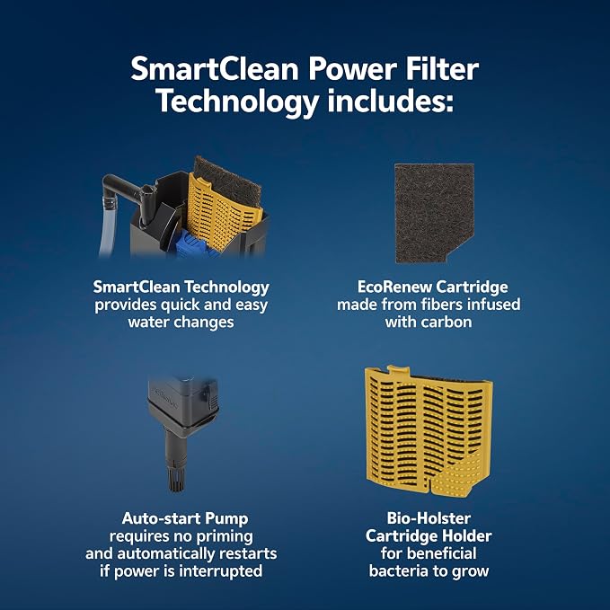Aqueon SmartClean Power Filter with EcoRenew Filter Cartridge, Quick and Easy Water Changes, Quiet Operation, Adjustable Flow, for 30-50 Gallon Freshwater and Saltwater Aquariums, Large