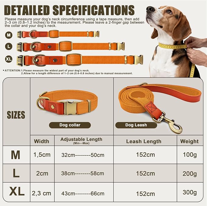 Dog Collar and Leash Set with Metal Quick Release Buckle, Adjustable, Breathable Nylon, Durable, Soft and Comfortable, No Pull for Walking and Training, Orange, L (14.9"-22.8")