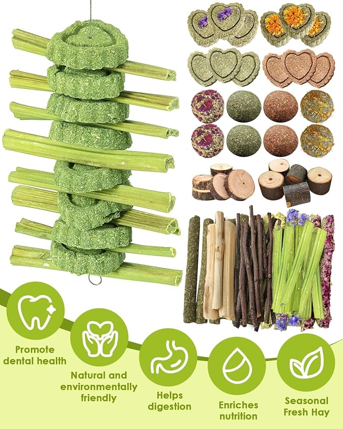 68pcs DIY Rabbit Chew Toys,Rabbit Toy for Bunnies Boredom Bunny Toys for Teeth, Timothy Stick, Apple Sticks, Sweet Bamboo, for Guinea Pig, Hamster, Chinchilla, Rat (19.04 Ounces (Pack of 1))