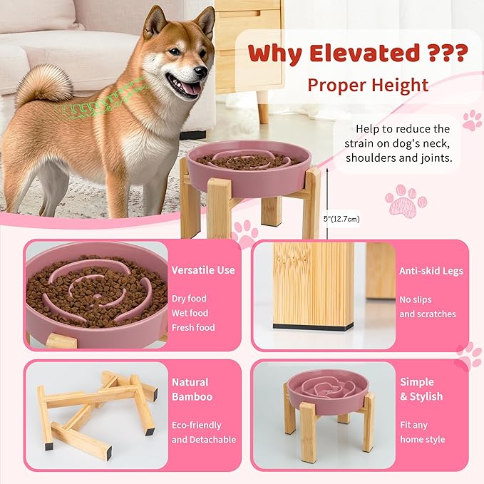 Elevated Slow Feeder Dog Bowl Large Breed, 8.8 Inch Ceramic Slow Eating Bowl with Bamboo Stand, Anti-Choking Raised Maze Design for Medium to Large Dogs, 3.2 Cup, Pink