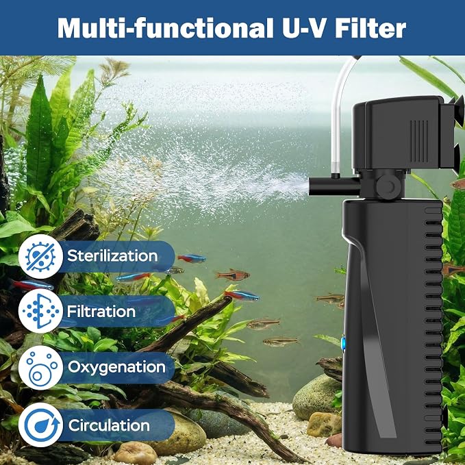 Aquarium U-V Filter for Green Water, Fish Tank Filter with U-V Light & Timer, Turtle Tank Filter with Dual Outlet & Aeration, for 60-150 Gallon Freshwater & Saltwater