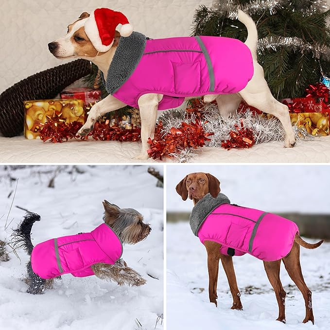 Dogcheer Warm Dog Coat, Christmas Dog Jacket Waterproof Puppy Winter Coat with Buckles, Reflective Adjustable Pet Snow Jacket Turtleneck Fleece Sweater for Small Medium Large Dogs - Pink, 2XL