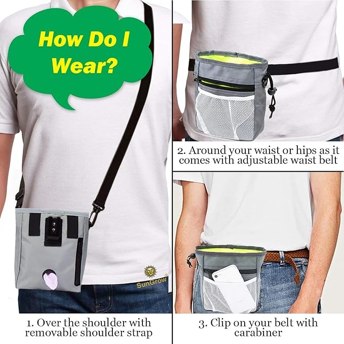 SunGrow Dog Travel Pouch, Training Bag for Treats, Kibbles, Toys & Accessories, Gray, Multiwear and Weather-Proof, 1 Pouch with Adjustable Shoulder Strap and Waist Belt
