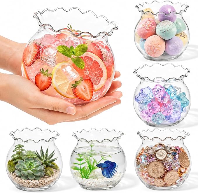 Mini Plastic Fish Bowl with Floral Trim, 27 oz Decorative Fish Bowls Unbreakable Plastic Betta Fishes Tank Clear Round Desktop Vases Bowls for Home Decor, Centerpiece Vases, Candy, Party Favors