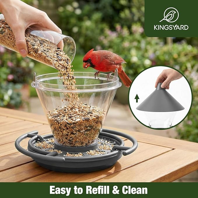 Kingsyard Wild Bird Feeder for Outdoors Hanging, No-Waste Tray with Seed Guard & Circular Perch, Garden Yard for Cardinal Finch, 4 lb Large Capacity, Grey