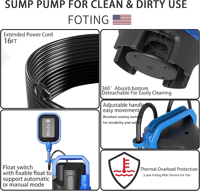 FOTING 1.5HP Sump Pump, 6300GPH High Flow Clean&Dirty Submersible Water Pump with Float Switch, Thermoplastic Electric Portable Utility Pump for Pool Draining Hot Tub Garden Basement