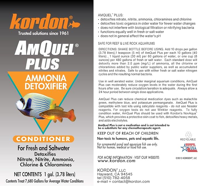 Kordon AmQuel Plus Aquarium Water Conditioner - Instantly Detoxifies Ammonia, Nitrite, Nitrate, and Chlorine Remover for Freshwater & Saltwater Aquariums, 1 Gallon