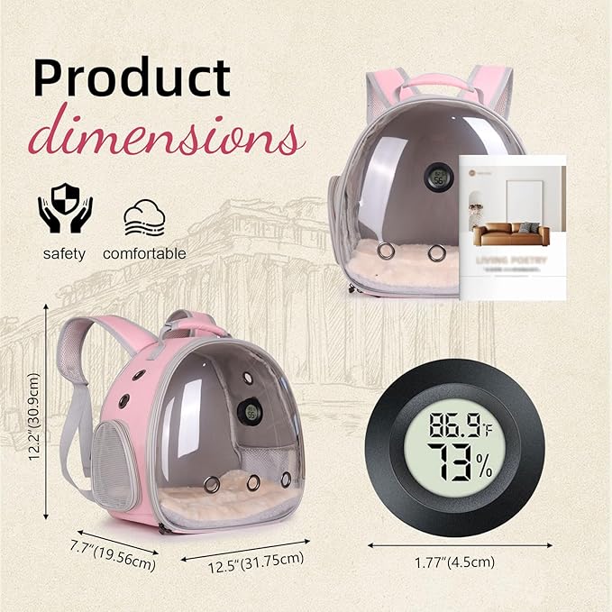 Bearded Dragon Travel Backpack Carrier with Reptile Thermometer and Humidity Gauge Lizard Travel Cage Space Capsule Clear Bubble Window Astronaut Reptile Bag for Ball Python (Pink, Backpack+PG LSH)
