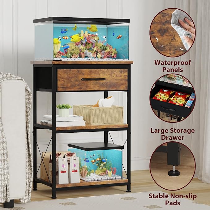 5-10 Gallon Fish Tank Stand with Adjustable Height and Drawer, Brown | Heavy duty metal frame holds up to 220 pounds with a lower shelf for a second aquarium, turtle tank or reptile terrarium