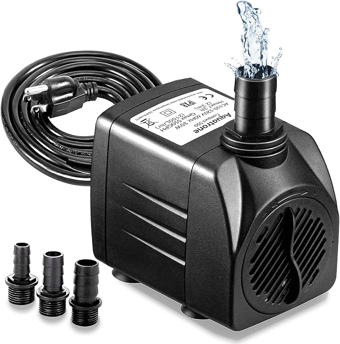 550GPH Submersible Pump 30W - Ultra Quiet Fountain Water Pump, 2000L/hr, 7.2ft High Lift, 3 Nozzles - Submersible Water Pump for Aquarium, Fish Tank, Pond, Hydroponics, Statuary (Compact 550GPH)