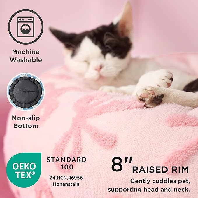 Lesure Shown on TV Donut Small Dog Bed - Round Cat Beds for Indoor Cats Anti-Anxiety Calming Gift for Pets, Washable Cute Modern Beds with Jacquard Shaggy Plush & Anti Slip Bottom, 27 Inch, Pink Taffy