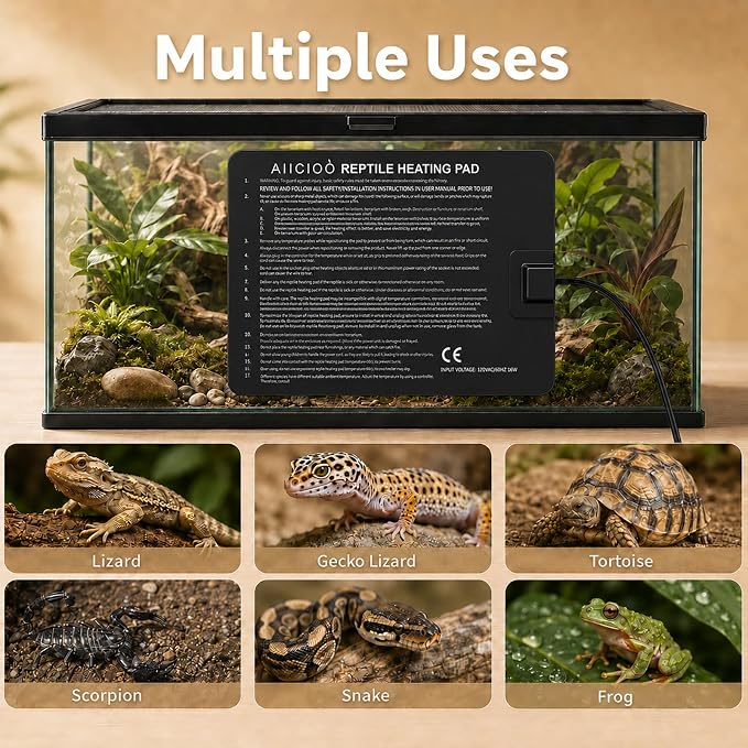 Aiicioo Reptile Heating Pad - Hermit Crab Heater Heat Mat for Reptiles Snake Lizard Terrarium 16 Watt