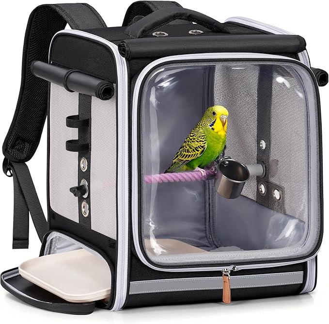 Mancro Bird Carrier Backpack for Small Birds, Cockatiel, Parrot, Bird Backpack with Tray and Standing Perch, Bird Travel Carrier Cage with Clear Window and Breathable Mesh Front for Vet Visits