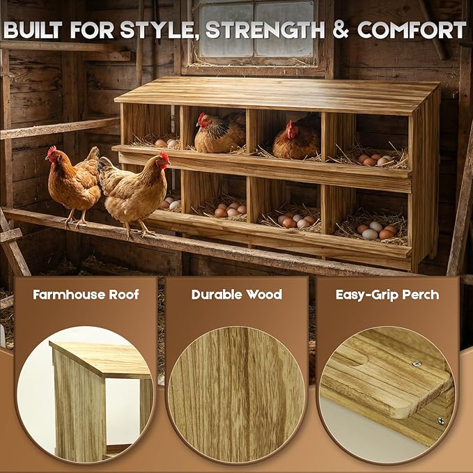 8 Holes Wood Nesting Boxes for Chickens, Gold Standard Two-Tier Chickens Nesting Box for Laying Eggs, Farmhouse Series Laying Boxes for Hens, Ducks and Birds