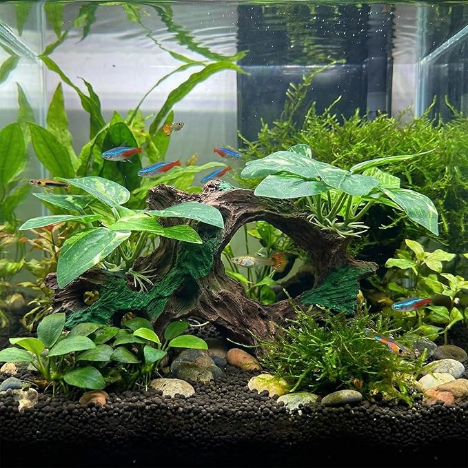 Aquarium Decor Cave with Silk Plants Fish Tank Decorations Ornament Small Aquarium Plants for Betta Goldfish Bowl Artificial Driftwood