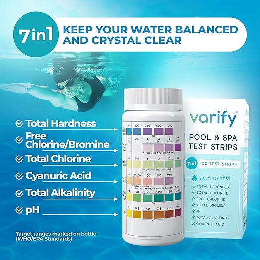 7 in 1 Pool and Spa Test Strips- Easy to Use Water Testing Kit for Pool, Spa, Hot Tub & More - Tester Strip for Water Hardness, Chlorine, Bromine, pH, Alkalinity and Cyanuric Acid (100 Strips)