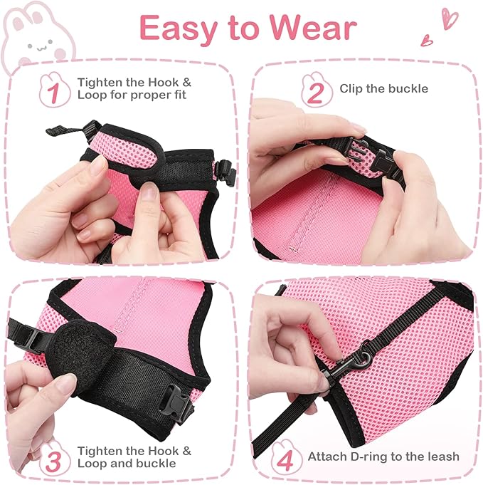 PETTOM Bunny Rabbit Harness with Stretchy Leash Cute Adjustable Buckle Breathable Mesh Vest for Kitten Small Pets Walking (Pink,XS)