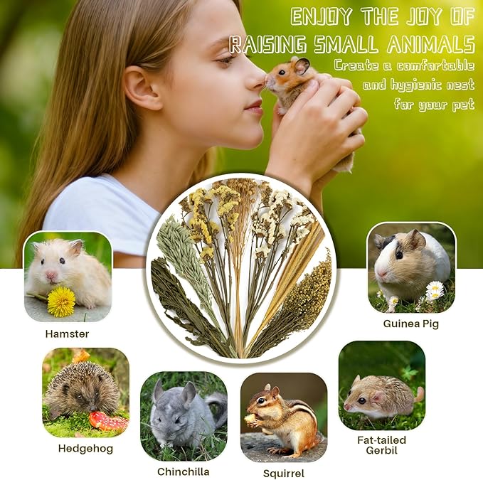 Sukh 47Pcs Natural Hamster Bedding - Flower Herb Sprays Enclosure Decor & Hideout Enriching Habitat Decor, Ideal for Dwarf Hamsters, Syrian Gerbils, Mice and Other Small Rodents