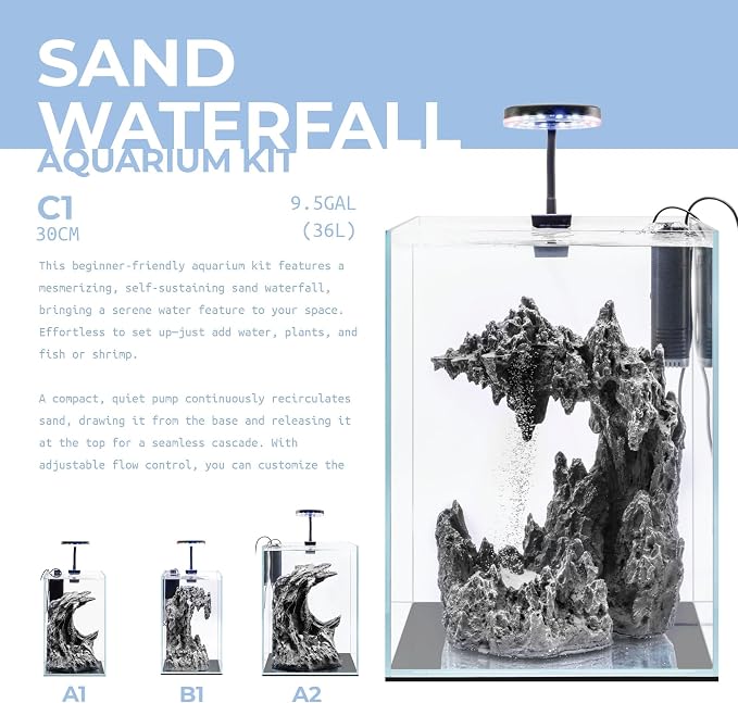 Sand Waterfall Tank Kit - Silent Operation Falling Sand Fish Tank w/LED Light and Self Cleaning Filtration - Desktop Rimless Starter Aquarium Kit, Just Add Plants - 9.51GAL | 36L (C1)